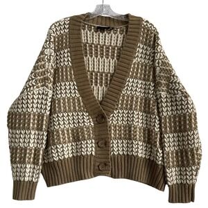 FinnFlare XL Chunky Knit Cardigan Brown Cream‎ Checkered Button Front Sweater